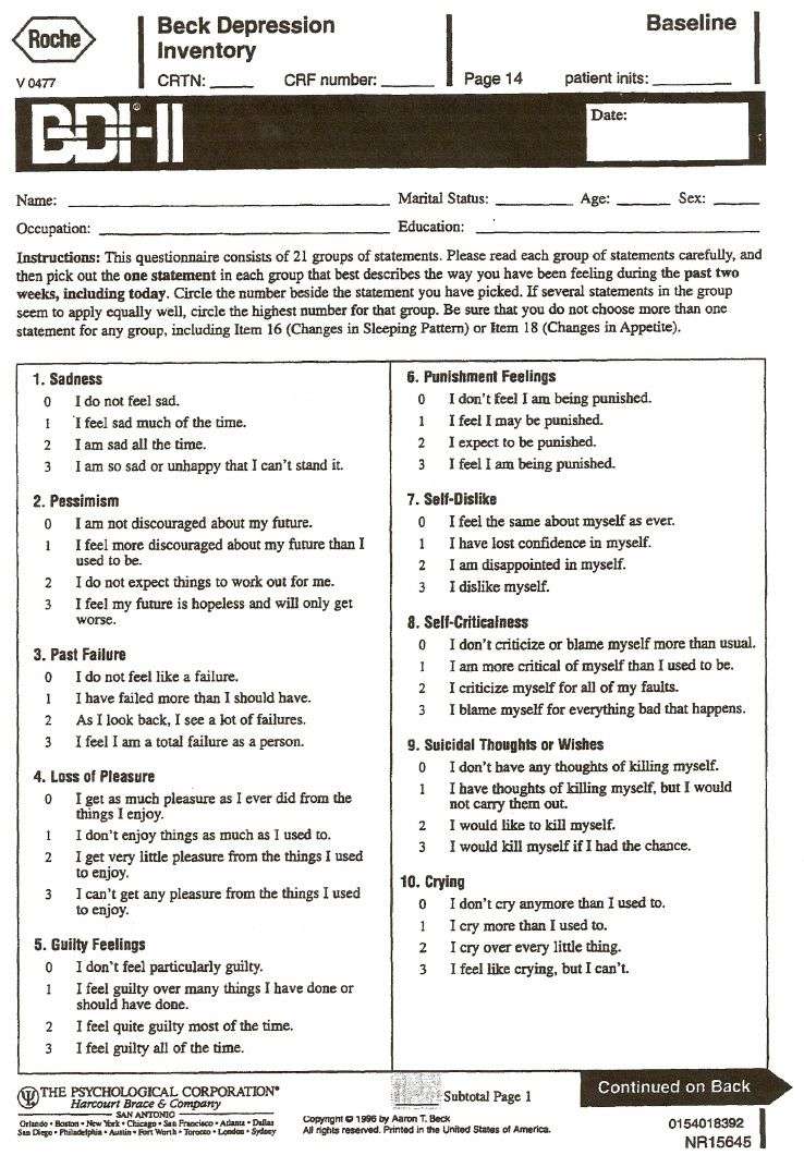 Printable Beck Depression Inventory Scale